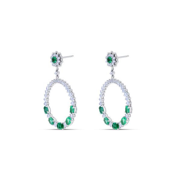Leo Pizzo 18k White Gold Oval & Round Cut Emeralds with Round Cut Diamond Drop Earrings and Friction Back