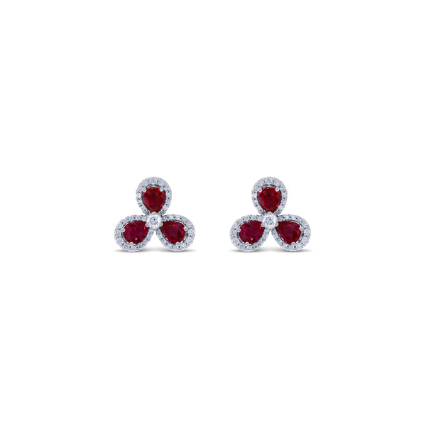 Leo Pizzo 18k White Gold Pear Cut Ruby & Round Cut Diamond Flower Stud Earrings
