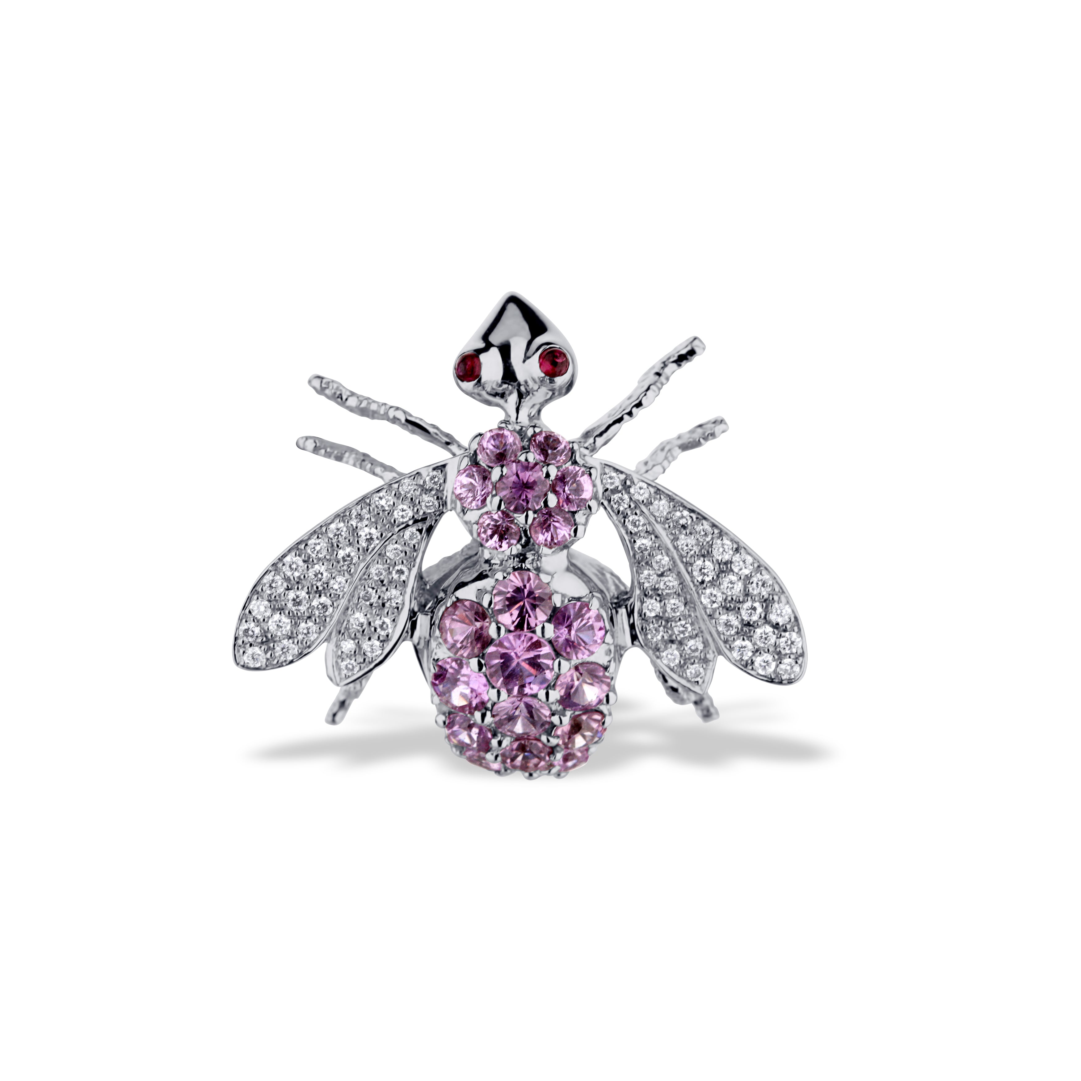 18K White Gold Pink Sapphire And Ruby Bee Pin With Diamonds