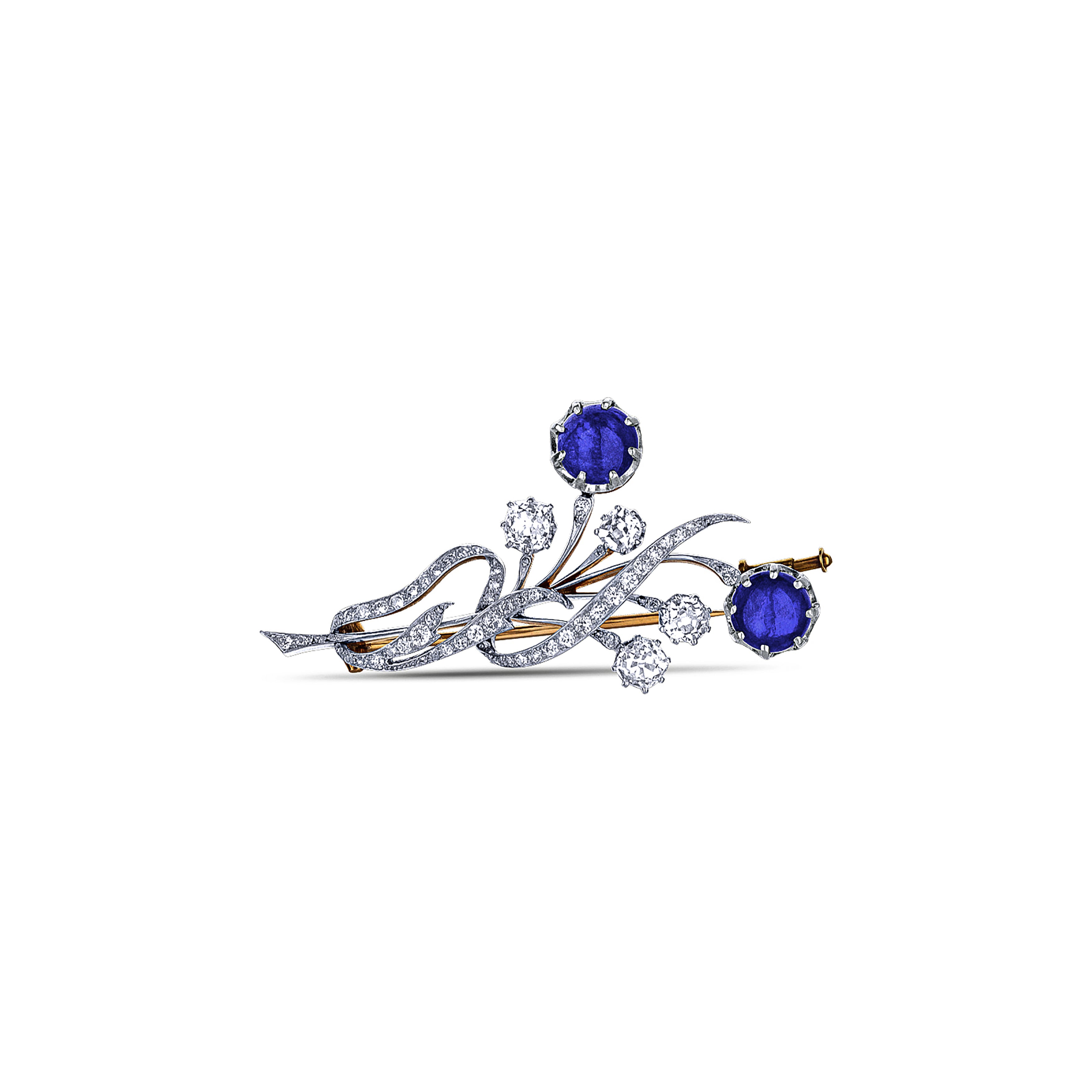 Burma Blue Sapphire Cab & Diamond Flower Brooch