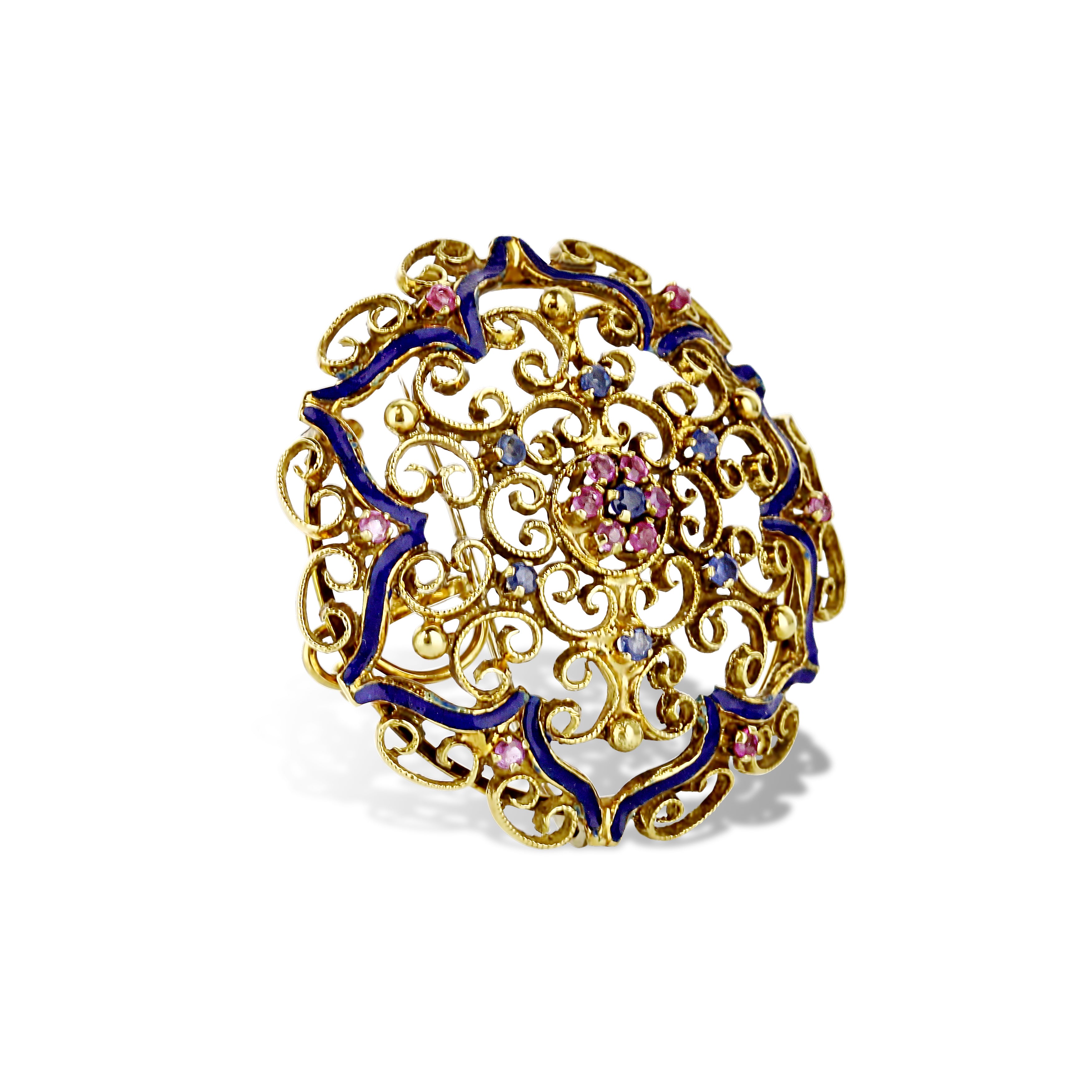 18K Yellow Gold Victorian Hand-Made Pink And Blue Stone Brooch
