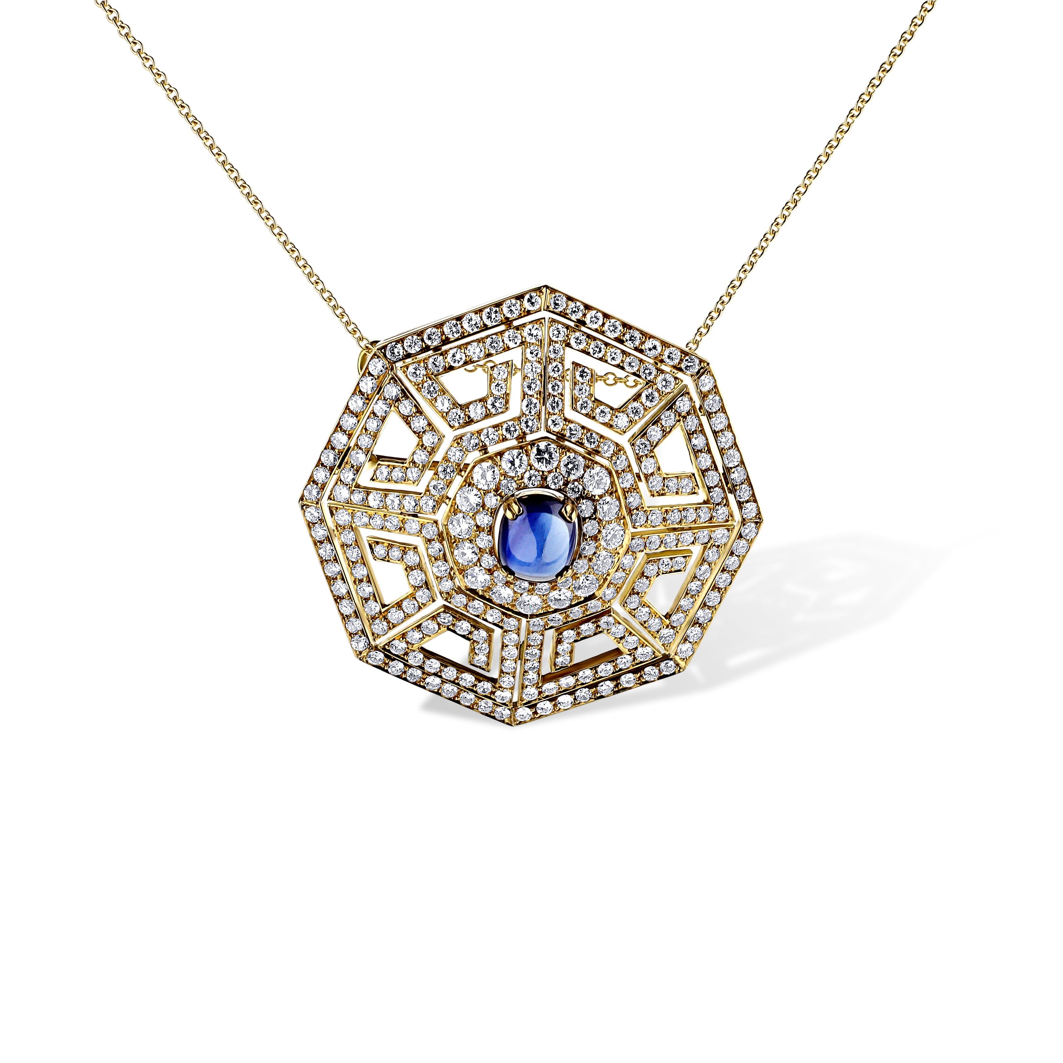 18K Yellow Gold Art Deco Design Diamond Pendant Necklace With A Blue Sapphire Cabochon