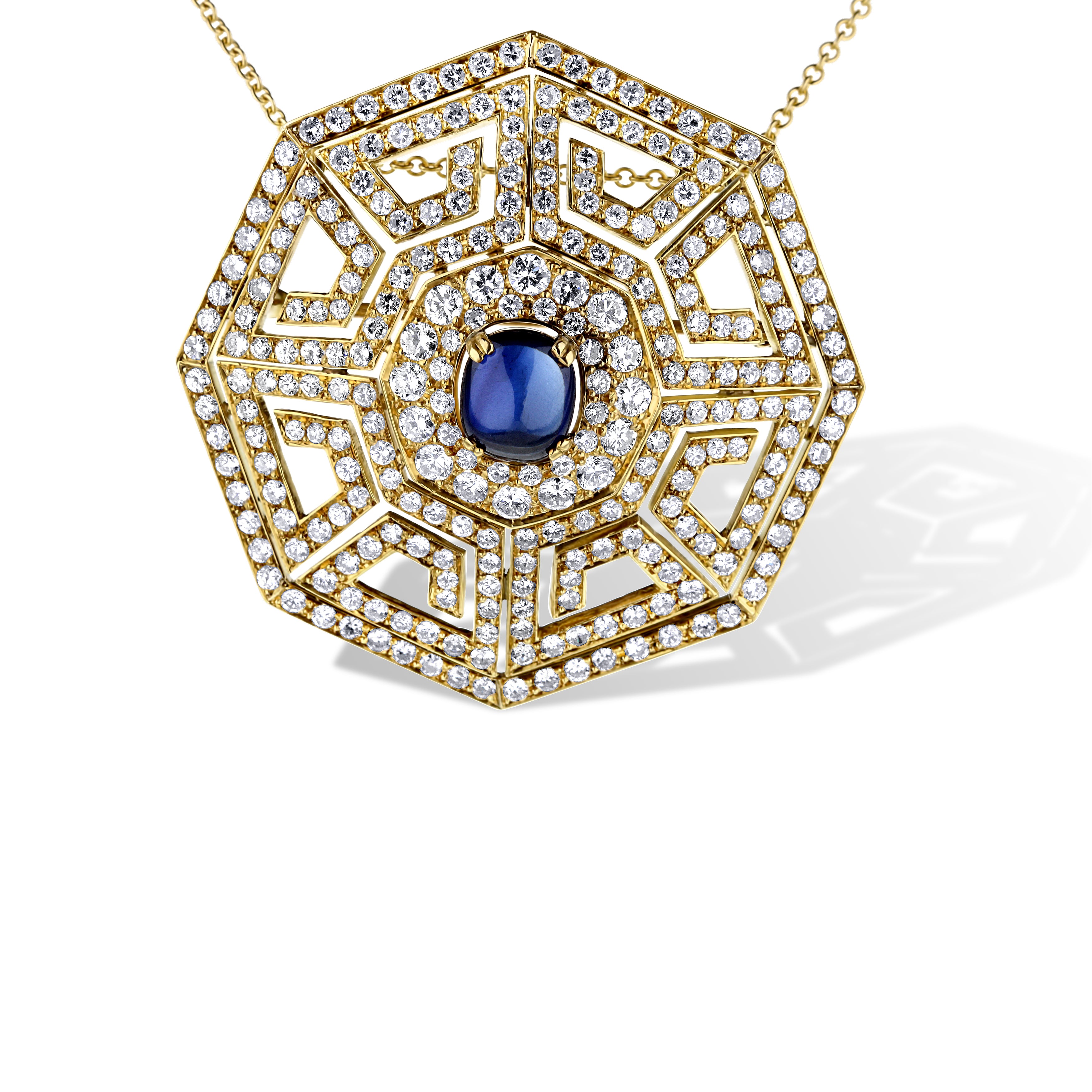 18K Yellow Gold Art Deco Design Diamond Pendant Necklace With A Blue Sapphire Cabochon